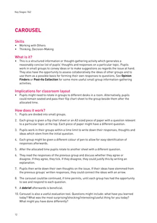 Key Stages 1&2 
CAROUSEL 
Skills 
Working with Others 
Thinking, Decision-Making 
What is it? 
This is a structured information or thought-gathering activity which generates a 
reasonably concise list of pupils’ thoughts and responses on a particular topic. Pupils 
work in small groups to convey ideas or to make suggestions as regards the issue at hand. 
They also have the opportunity to assess collaboratively the ideas of other groups and to 
use them as a possible basis for forming their own responses to questions. See Opinion 
Finders or Post-Its Collection for some more useful small group information-gathering 
activities. 
Implications for classroom layout 
Pupils might need to rotate in groups to different desks in a room. Alternatively, pupils 
could remain seated and pass their fl ip chart sheet to the group beside them after the 
allocated time. 
How does it work? 
1. Pupils are divided into small groups. 
2. Each group is given a fl ip chart sheet or an A3 sized piece of paper with a question relevant 
12 
to a particular topic at the top. Each piece of paper might have a different question. 
3. Pupils work in their groups within a time limit to write down their responses, thoughts and 
ideas which stem from the initial question. 
4. Each group might be given a different colour of pen to allow for easy identifi cation of 
responses afterwards. 
5. After the allocated time pupils rotate to another sheet with a different question. 
6. They read the responses of the previous group and discuss whether they agree or 
disagree. If they agree, they tick. If they disagree, they could justify this by writing an 
explanation. 
7. Pupils then write down their own thoughts on the issue. If their ideas have stemmed from 
the previous groups’ written responses, they could connect the ideas with an arrow. 
8. The carousel could be continued, if time permits, until each group has had the opportunity 
to see and respond to each question. 
9. A debrief afterwards is benefi cial. 
10. Carousel is also a useful evaluation tool. Questions might include: what have you learned 
today? What was the most surprising/shocking/interesting/useful thing for you today? 
What might you have done differently? 
•• 
• 
• 
 