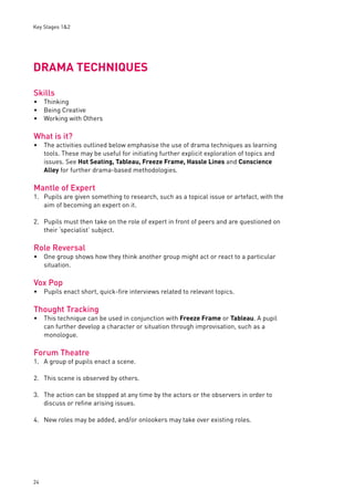 Key Stages 1&2 
DRAMA TECHNIQUES 
Skills 
Thinking 
Being Creative 
Working with Others 
What is it? 
••• 
• 
The activities outlined below emphasise the use of drama techniques as learning 
tools. These may be useful for initiating further explicit exploration of topics and 
issues. See Hot Seating, Tableau, Freeze Frame, Hassle Lines and Conscience 
Alley for further drama-based methodologies. 
Mantle of Expert 
1. Pupils are given something to research, such as a topical issue or artefact, with the 
• 
• 
• 
24 
aim of becoming an expert on it. 
2. Pupils must then take on the role of expert in front of peers and are questioned on 
their ‘specialist’ subject. 
Role Reversal 
One group shows how they think another group might act or react to a particular 
situation. 
Vox Pop 
Pupils enact short, quick-fi re interviews related to relevant topics. 
Thought Tracking 
This technique can be used in conjunction with Freeze Frame or Tableau. A pupil 
can further develop a character or situation through improvisation, such as a 
monologue. 
Forum Theatre 
1. A group of pupils enact a scene. 
2. This scene is observed by others. 
3. The action can be stopped at any time by the actors or the observers in order to 
discuss or refi ne arising issues. 
4. New roles may be added, and/or onlookers may take over existing roles. 
 