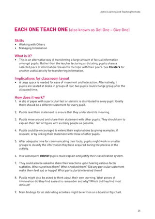 Active Learning and Teaching Methods 
25 
EACH ONE TEACH ONE (also known as Get One – Give One) 
Skills 
Working with Others 
Managing Information 
What is it? 
•• 
This is an alternative way of transferring a large amount of factual information 
amongst pupils. Rather than the teacher lecturing or dictating, pupils share a 
selected piece of information relevant to the topic with their peers. See Clusters for 
another useful activity for transferring information. 
Implications for classroom layout 
• 
A large space is needed for ease of movement and interaction. Alternatively, if 
pupils are seated at desks in groups of four, two pupils could change group after the 
allocated time. 
How does it work? 
1. A slip of paper with a particular fact or statistic is distributed to every pupil. Ideally 
there should be a different statement for every pupil. 
• 
2. Pupils read their statement to ensure that they understand its meaning. 
3. Pupils move around and share their statement with other pupils. They should aim to 
explain their fact or fi gure with as many people as possible. 
4. Pupils could be encouraged to extend their explanations by giving examples, if 
relevant, or by linking their statement with those of other pupils. 
5. After adequate time for communicating their facts, pupils might work in smaller 
groups to classify the information they have acquired during the process of the 
activity. 
6. In a subsequent debrief pupils could explain and justify their classifi cation system. 
7. They could also be asked to share their reactions upon hearing various facts/ 
statistics. What surprised them? What shocked them? Did any particular statement 
make them feel sad or happy? What particularly interested them? 
8. Pupils might also be asked to think about their own learning. What pieces of 
information did they fi nd easiest to remember and why? Which did they fi nd most 
diffi cult? 
9. Main fi ndings for all debriefi ng activities might be written on a board or fl ip chart. 
 