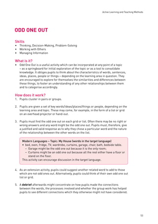 Active Learning and Teaching Methods 
53 
ODD ONE OUT 
Skills 
Thinking, Decision-Making, Problem-Solving 
Working with Others 
Managing Information 
What is it? 
Odd One Out is a useful activity which can be incorporated at any point of a topic 
– as a springboard for initial exploration of the topic or as a tool to consolidate 
knowledge. It obliges pupils to think about the characteristics of words, sentences, 
ideas, places, people or things – depending on the learning area in question. They 
are encouraged to explore for themselves the similarities and differences between 
these things, to foster an understanding of any other relationships between them 
and to categorise accordingly. 
How does it work? 
1. Pupils cluster in pairs or groups. 
2. Pupils are given a set of key words/ideas/places/things or people, depending on the 
learning area and topic. These may come, for example, in the form of a list or grid 
on an overhead projector or hand-out. 
3. Pupils must fi nd the odd one out on each grid or list. Often there may be no right or 
wrong answers and any word might be the odd one out. Pupils must, therefore, give 
a justifi ed and valid response as to why they chose a particular word and the nature 
of the relationship between the other words on the list. 
• 
–– 
4. As an extension activity, pupils could suggest another related word to add to those 
which are not odd ones out. Alternatively, pupils could think of their own odd one out 
list or grid. 
5. A debrief afterwards might concentrate on how pupils made the connections 
between the words, the processes involved and whether the group work has helped 
pupils to see different connections which they otherwise might not have considered. 
••• 
• 
Modern Languages – Topic: My House (words in the target language) 
bed, oven, fridge, TV, wardrobe, curtains, garage, chair, bath, bedside table. 
Garage might be the odd one out because it is the only room; 
Curtains might be an odd one out because all the rest either have a fl oor or 
stand on the fl oor. 
This activity can encourage discussion in the target language. 
 