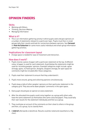 Key Stages 1&2 
OPINION FINDERS 
Skills 
Working with Others 
Thinking, Decision-Making 
Managing Information 
What is it? 
This is an information gathering activity in which pupils seek and give opinions on 
a number of statements relevant to a particular topic. Pupils must then in small 
groups tally their results and look for connections between opinions. See Carousel 
or Post-Its Collection for some more useful individual and small-group information 
gathering activities. 
Implications for classroom layout 
A large space is needed for ease of movement and interaction. 
How does it work? 
1. Pupils receive a piece of paper with a particular statement at the top. A different 
54 
colour of paper is used for each statement. A grid below the statements might be 
used for recording peoples’ opinions. Example categories might include: agree 
strongly, agree, no fi xed opinion, disagree, disagree strongly. An open space for 
comments might be included after these categories. 
2. Pupils read their statement to ensure that they understand it. 
3. Pupils move around, giving and collecting opinions simultaneously. 
4. Pupils keep a tally of other peoples’ opinions on their particular statement in the 
category grid. They also write down peoples’ comments in the open space. 
5. Every pupil should give an opinion on every statement. 
6. After the allocated time pupils could come together as a group with others who 
have the same statement as themselves (the same coloured paper). They could tally 
their own results for the statement individually and then as a group. 
7. They could give an account of the comments on their sheet to others in the group 
and then, as a group, try to classify them. 
8. A debrief afterwards is benefi cial. Results could be noted and classifi ed on a fl ip 
chart. 
••• 
• 
• 
 