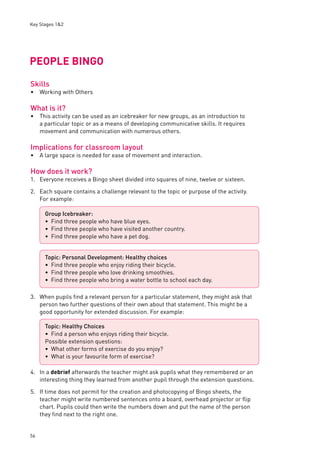 Key Stages 1&2 
PEOPLE BINGO 
Skills 
Working with Others 
What is it? 
This activity can be used as an icebreaker for new groups, as an introduction to 
a particular topic or as a means of developing communicative skills. It requires 
movement and communication with numerous others. 
Implications for classroom layout 
A large space is needed for ease of movement and interaction. 
How does it work? 
1. Everyone receives a Bingo sheet divided into squares of nine, twelve or sixteen. 
2. Each square contains a challenge relevant to the topic or purpose of the activity. 
56 
For example: 
3. When pupils fi nd a relevant person for a particular statement, they might ask that 
person two further questions of their own about that statement. This might be a 
good opportunity for extended discussion. For example: 
4. In a debrief afterwards the teacher might ask pupils what they remembered or an 
interesting thing they learned from another pupil through the extension questions. 
5. If time does not permit for the creation and photocopying of Bingo sheets, the 
teacher might write numbered sentences onto a board, overhead projector or fl ip 
chart. Pupils could then write the numbers down and put the name of the person 
they fi nd next to the right one. 
• 
• 
• 
Group Icebreaker: 
Find three people who have blue eyes. 
Find three people who have visited another country. 
Find three people who have a pet dog. 
••• 
Topic: Personal Development: Healthy choices 
Find three people who enjoy riding their bicycle. 
Find three people who love drinking smoothies. 
Find three people who bring a water bottle to school each day. 
••• 
Topic: Healthy Choices 
• 
Find a person who enjoys riding their bicycle. 
Possible extension questions: 
What other forms of exercise do you enjoy? 
What is your favourite form of exercise? 
•• 
 