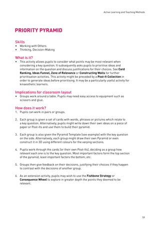 Active Learning and Teaching Methods 
59 
PRIORITY PYRAMID 
Skills 
Working with Others 
Thinking, Decision-Making 
What is it? 
This activity allows pupils to consider what points may be most relevant when 
considering a key question. It subsequently asks pupils to prioritise ideas and 
information on the question and discuss justifi cations for their choices. See Card 
Ranking, Ideas Funnel, Zone of Relevance or Constructing Walls for further 
prioritisation activities. This activity might be preceded by a Post-It Collection in 
order to generate ideas before prioritising. It may be a particularly useful activity for 
kinaesthetic learners. 
Implications for classroom layout 
Groups work around a table. Pupils may need easy access to equipment such as 
scissors and glue. 
How does it work? 
1. Pupils can work in pairs or groups. 
2. Each group is given a set of cards with words, phrases or pictures which relate to 
a key question. Alternatively, pupils might write down their own ideas on a piece of 
paper or Post-Its and use them to build their pyramid. 
3. Each group is also given the Pyramid Template (see example) with the key question 
on the side. Alternatively, each group might draw their own Pyramid or even 
construct it in 3D using different colours for the varying sections. 
4. Pupils work through the cards (or their own Post-Its), deciding as a group how 
relevant each one is to the key question. Most important factors form the top section 
of the pyramid, least important factors the bottom, etc. 
5. Groups then give feedback on their decisions, justifying their choices if they happen 
to contrast with the decisions of another group. 
6. As an extension activity, pupils may wish to use the Fishbone Strategy or 
Consequence Wheel to explore in greater depth the points they deemed to be 
relevant. 
•• 
• 
• 
 