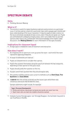 Key Stages 1&2 
SPECTRUM DEBATE 
Skills 
Thinking, Decision-Making 
What is it? 
This activity is useful for exploring diverse opinions and emotions on a particular 
issue. It can be used as a lead into a particular topic and to gauge pupil interest and 
base understanding of the issue in question. It requires pupils to take a stance on 
the issue and allows everybody to have a voice, even if they do not speak out. Pupils 
are confronted with ambiguity and grey areas, and it can enable them to see that 
opinions often have to be justifi ed with informed knowledge of the matter under 
discussion. See Walking Debates for more information on this type of activity. 
Implications for classroom layout 
A large space is needed for ease of movement and interaction. 
How does it work? 
1. An imaginary line or spectrum is set up across the room – each end of the room 
64 
represents opposing viewpoints. 
2. A range of statements are read out. 
3. Pupils are allowed time to consider their opinion. 
4. Pupils then position themselves along the spectrum between the two viewpoints, 
depending on their opinion on the given issue. 
5. Pupils should justify their position on the line. 
6. If pupils switch their position then they should explain why. 
7. This activity could be used as a pre-cursor to methods such as Giant Steps, Five 
Questions and Stick Debate. 
8. A debrief after the activity could discuss the issues upon which there was 
consensus and issues that divided the class. 
Sample statements might include, for example: 
9. Instead of using ‘Strongly agree’ and ‘Strongly Disagree’, the facilitator may wish to 
use True/False or Yes/No. 
• 
• 
• 
Topic: Personal Development 
Sticks and stones may break my bones but words can never hurt me. 
Sport stars who are bad role models should be sacked. 
•• 
 