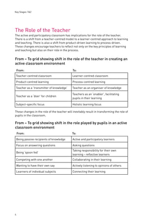Key Stages 1&2 
The Role of the Teacher 
The active and participatory classroom has implications for the role of the teacher. 
There is a shift from a teacher-centred model to a learner-centred approach to learning 
and teaching. There is also a shift from product-driven learning to process-driven. 
These changes encourage teachers to refl ect not only on the key principles of learning 
and teaching but also on their role in the process. 
From – To grid showing shift in the role of the teacher in creating an 
active classroom environment 
From: To: 
Teacher-centred classroom Learner-centred classroom 
Product-centred learning Process-centred learning 
Teacher as a ‘transmitter of knowledge’ Teacher as an organiser of knowledge 
Teacher as a ‘doer’ for children 
From – To grid showing shift in the role played by pupils in an active 
classroom environment 
4 
Teachers as an ‘enabler’, facilitating 
pupils in their learning 
Subject-specifi c focus Holistic learning focus 
These changes in the role of the teacher will inevitably result in transforming the role of 
pupils in the classroom. 
From: To: 
Being passive recipients of knowledge Active and participatory learners 
Focus on answering questions Asking questions 
Being ‘spoon fed’ 
Taking responsibility for their own 
learning - refl ective learners 
Competing with one another Collaborating in their learning 
Wanting to have their own say Actively listening to opinions of others 
Learners of individual subjects Connecting their learning 
 