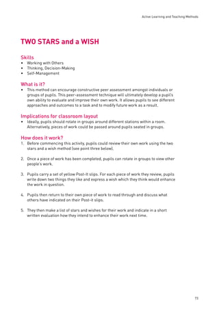 Active Learning and Teaching Methods 
73 
TWO STARS and a WISH 
Skills 
Working with Others 
Thinking, Decision-Making 
Self-Management 
What is it? 
This method can encourage constructive peer assessment amongst individuals or 
groups of pupils. This peer-assessment technique will ultimately develop a pupil’s 
own ability to evaluate and improve their own work. It allows pupils to see different 
approaches and outcomes to a task and to modify future work as a result. 
Implications for classroom layout 
Ideally, pupils should rotate in groups around different stations within a room. 
Alternatively, pieces of work could be passed around pupils seated in groups. 
How does it work? 
1. Before commencing this activity, pupils could review their own work using the two 
stars and a wish method (see point three below). 
2. Once a piece of work has been completed, pupils can rotate in groups to view other 
people’s work. 
3. Pupils carry a set of yellow Post-It slips. For each piece of work they review, pupils 
write down two things they like and express a wish which they think would enhance 
the work in question. 
4. Pupils then return to their own piece of work to read through and discuss what 
others have indicated on their Post-it slips. 
5. They then make a list of stars and wishes for their work and indicate in a short 
written evaluation how they intend to enhance their work next time. 
••• 
• 
• 
 