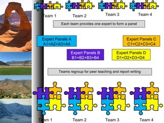Expert Panels A
A1+A2+A3+A4
Expert Panels D
D1+D2+D3+D4
Expert Panels B
B1+B2+B3+B4
Expert Panels C
C1+C2+C3+C4
Team 1 Team 2
Team 1 Team 2
Each team provides one expert to form a panel
Teams regroup for peer teaching and report writing
Team 3 Team 4
Team 3 Team 4
 
