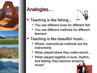 Analogies…Analogies…
 Teaching is like fishing…Teaching is like fishing…
 You use different lures for different fishYou use different lures for different fish
 You use different methods for differentYou use different methods for different
learners.learners.
 Teaching is like beautiful music…Teaching is like beautiful music…
 Where, instructional methods are theWhere, instructional methods are the
instrumentsinstruments
 When played alone they make sound…When played alone they make sound…
 When played together in tune, rhythm,When played together in tune, rhythm,
and feeling, they become amazingand feeling, they become amazing
music!music!
 