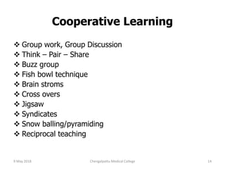 Cooperative Learning
 Group work, Group Discussion
 Think – Pair – Share
 Buzz group
 Fish bowl technique
 Brain stroms
 Cross overs
 Jigsaw
 Syndicates
 Snow balling/pyramiding
 Reciprocal teaching
9 May 2018 14Chengalpattu Medical College
 