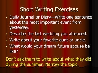 Short Writing Exercises
• Daily Journal or Diary—Write one sentence
about the most important event from
yesterday.
• Describe the last wedding you attended.
• Write about your favorite aunt or uncle.
• What would your dream future spouse be
like?
Don’t ask them to write about what they did
during the summer. Narrow the topic.
 