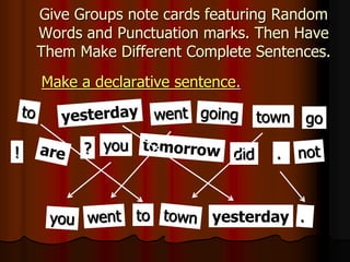 Give Groups note cards featuring Random
Words and Punctuation marks. Then Have
Them Make Different Complete Sentences.
Make a declarative sentence.
did
town
you
go
.
?
!
to yesterday
 