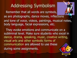 Addressing Symbolism
Remember that all words are symbols,
as are photographs, dance moves, inflections
and tone of voice, videos, paintings, musical notes,
body language, facial expressions, etc.
They evoke emotions and communicate on a
subliminal level. Make sure students who excel in
dance, drama, speaking, music, creative writing,
visual arts and other symbolic forms of
communication are allowed to use these
during some assignments.
 