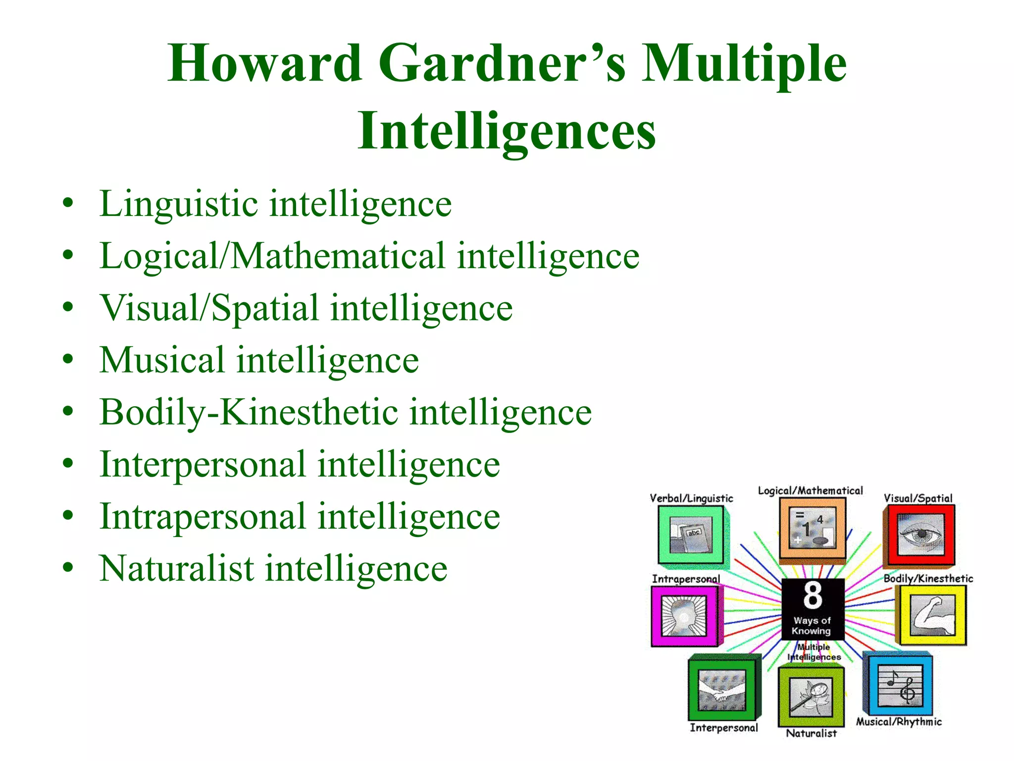 Howard Gardner’s Multiple
Intelligences
•
•
•
•
•
•
•
•

Linguistic intelligence
Logical/Mathematical intelligence
Visual/Spatial intelligence
Musical intelligence
Bodily-Kinesthetic intelligence
Interpersonal intelligence
Intrapersonal intelligence
Naturalist intelligence

 