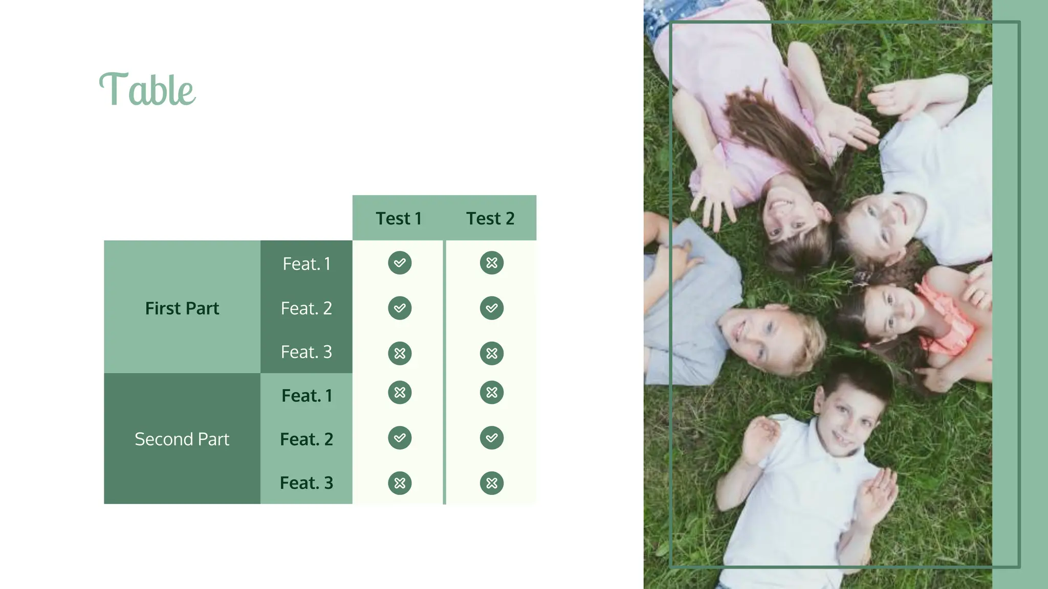 Table
Test 1 Test 2
Feat. 1
First Part Feat. 2
Feat. 3
Feat. 1
Second Part Feat. 2
Feat. 3
 