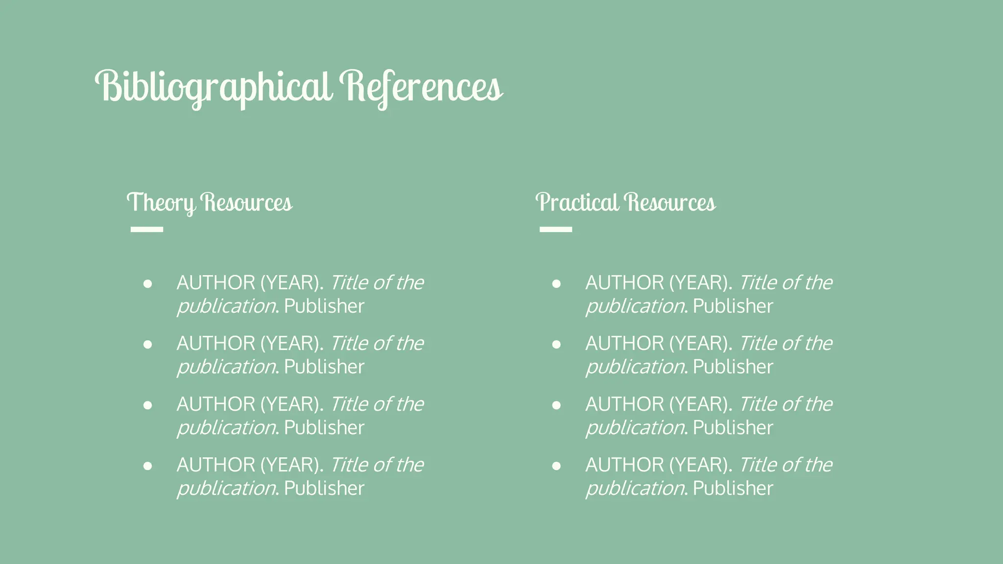 ● AUTHOR (YEAR). Title of the
publication. Publisher
● AUTHOR (YEAR). Title of the
publication. Publisher
● AUTHOR (YEAR). Title of the
publication. Publisher
● AUTHOR (YEAR). Title of the
publication. Publisher
● AUTHOR (YEAR). Title of the
publication. Publisher
● AUTHOR (YEAR). Title of the
publication. Publisher
● AUTHOR (YEAR). Title of the
publication. Publisher
● AUTHOR (YEAR). Title of the
publication. Publisher
Bibliographical References
Theory Resources Practical Resources
 