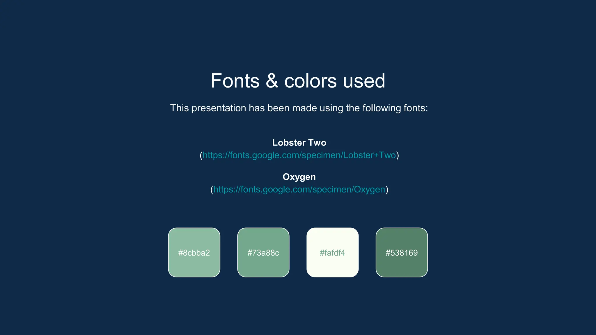 Fonts & colors used
This presentation has been made using the following fonts:
Lobster Two
(https://fonts.google.com/specimen/Lobster+Two)
Oxygen
(https://fonts.google.com/specimen/Oxygen)
#73a88c #fafdf4 #538169
#8cbba2
 
