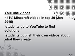 YouTube videos
• 41% Minecraft videos in top 20 (Jan
2015)
•students go to YouTube to find
solutions
•students publish their own videos about
what they create
 