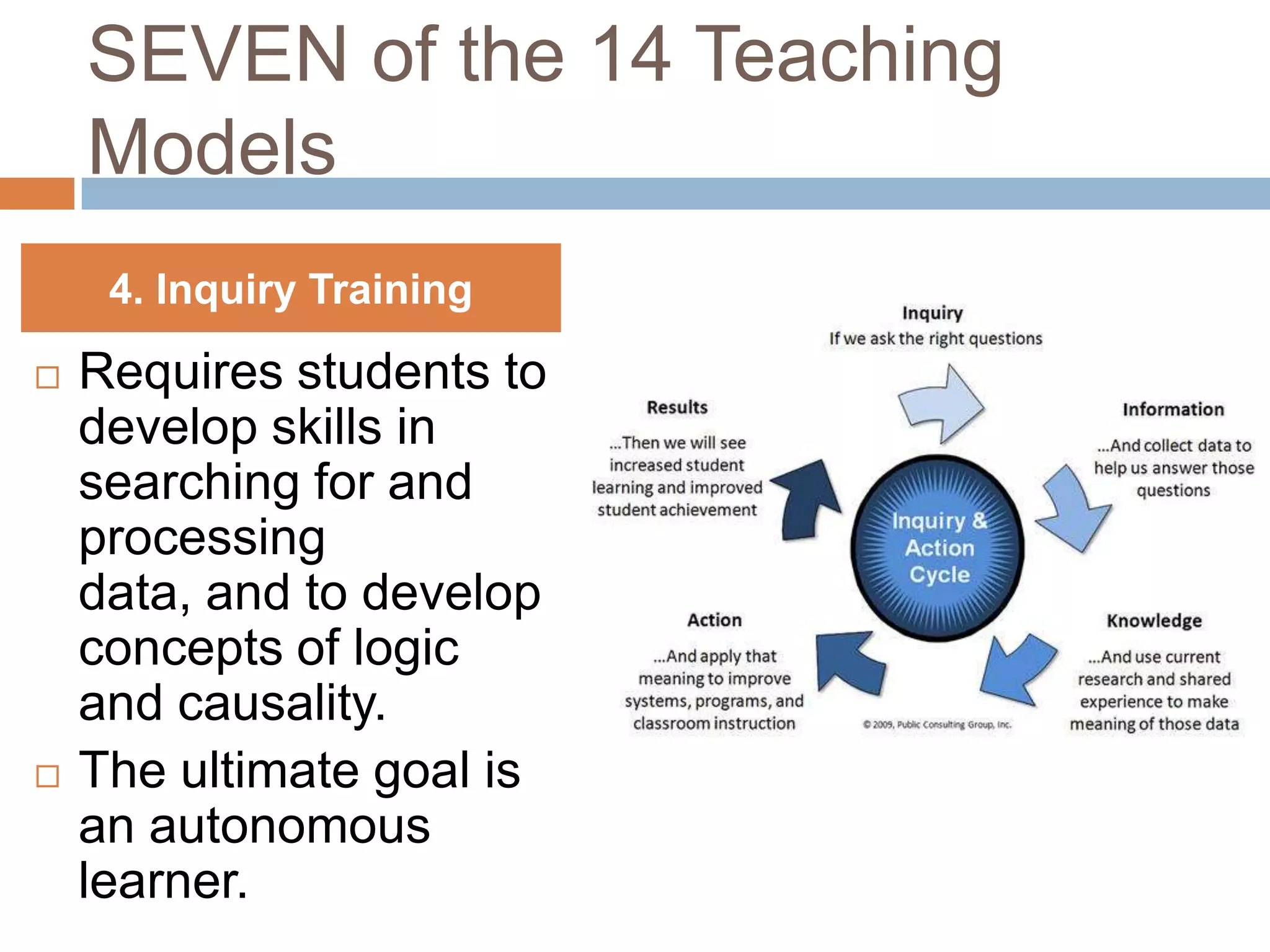 SEVEN of the 14 Teaching
    Models
     4. Inquiry Training

   Requires students to
    develop skills in
    searching for and
    processing
    data, and to develop
    concepts of logic
    and causality.
   The ultimate goal is
    an autonomous
    learner.
 