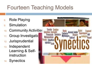 Fourteen Teaching Models

8.    Role Playing
9.    Simulation
10.   Community Activities
11.   Group Investigation
12.   Jurisprudential
13.   Independent
      Learning & Self-
      instruction
14.   Synectics
 