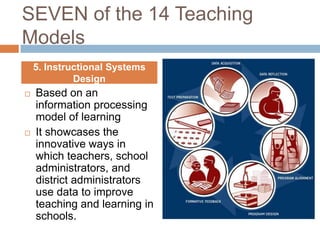 SEVEN of the 14 Teaching
Models
    5. Instructional Systems
             Design
   Based on an
    information processing
    model of learning
   It showcases the
    innovative ways in
    which teachers, school
    administrators, and
    district administrators
    use data to improve
    teaching and learning in
    schools.
 