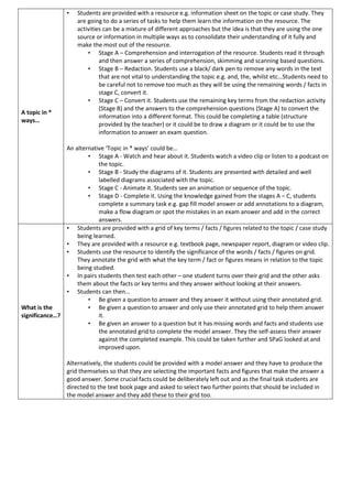 A topic in *
ways…
• Students are provided with a resource e.g. information sheet on the topic or case study. They
are going to do a series of tasks to help them learn the information on the resource. The
activities can be a mixture of different approaches but the idea is that they are using the one
source or information in multiple ways as to consolidate their understanding of it fully and
make the most out of the resource.
• Stage A – Comprehension and interrogation of the resource. Students read it through
and then answer a series of comprehension, skimming and scanning based questions.
• Stage B – Redaction. Students use a black/ dark pen to remove any words in the text
that are not vital to understanding the topic e.g. and, the, whilst etc…Students need to
be careful not to remove too much as they will be using the remaining words / facts in
stage C, convert it.
• Stage C – Convert it. Students use the remaining key terms from the redaction activity
(Stage B) and the answers to the comprehension questions (Stage A) to convert the
information into a different format. This could be completing a table (structure
provided by the teacher) or it could be to draw a diagram or it could be to use the
information to answer an exam question.
An alternative ‘Topic in * ways’ could be…
• Stage A - Watch and hear about it. Students watch a video clip or listen to a podcast on
the topic.
• Stage B - Study the diagrams of it. Students are presented with detailed and well
labelled diagrams associated with the topic.
• Stage C - Animate it. Students see an animation or sequence of the topic.
• Stage D - Complete it. Using the knowledge gained from the stages A – C, students
complete a summary task e.g. gap fill model answer or add annotations to a diagram,
make a flow diagram or spot the mistakes in an exam answer and add in the correct
answers.
What is the
significance…?
• Students are provided with a grid of key terms / facts / figures related to the topic / case study
being learned.
• They are provided with a resource e.g. textbook page, newspaper report, diagram or video clip.
• Students use the resource to identify the significance of the words / facts / figures on grid.
They annotate the grid with what the key term / fact or figures means in relation to the topic
being studied.
• In pairs students then test each other – one student turns over their grid and the other asks
them about the facts or key terms and they answer without looking at their answers.
• Students can then…
• Be given a question to answer and they answer it without using their annotated grid.
• Be given a question to answer and only use their annotated grid to help them answer
it.
• Be given an answer to a question but it has missing words and facts and students use
the annotated grid to complete the model answer. They the self-assess their answer
against the completed example. This could be taken further and SPaG looked at and
improved upon.
Alternatively, the students could be provided with a model answer and they have to produce the
grid themselves so that they are selecting the important facts and figures that make the answer a
good answer. Some crucial facts could be deliberately left out and as the final task students are
directed to the text book page and asked to select two further points that should be included in
the model answer and they add these to their grid too.
 