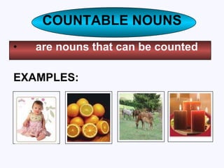 COUNTABLE NOUNS are nouns that can be counted EXAMPLES: 