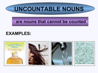 UNCOUNTABLE NOUNS -  are nouns that cannot be counted EXAMPLES:   