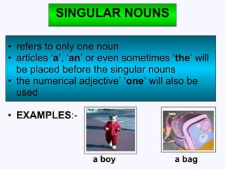 SINGULAR NOUNS refers to only one noun articles ‘ a ’, ‘ an ’ or even sometimes ‘ the ’ will  be placed before the singular nouns the numerical adjective’ ‘ one ’ will also be  used  EXAMPLES :- a boy a bag 