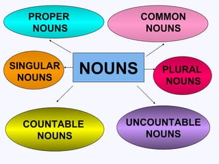 NOUNS COUNTABLE  NOUNS UNCOUNTABLE NOUNS PROPER  NOUNS COMMON NOUNS SINGULAR NOUNS PLURAL  NOUNS 