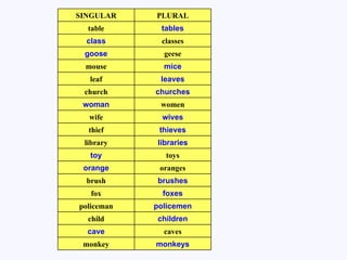 monkeys monkey caves cave children child policemen policeman foxes fox brushes brush oranges orange toys toy libraries library thieves thief wives wife women woman churches church leaves leaf mice mouse geese goose classes class tables table PLURAL SINGULAR 