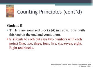 Counting Principles (cont’d)
Student D
• T: Here are some red blocks (4) in a row. Start with
this one on the end and count them.
• S: (Points to each but says two numbers with each
point) One, two, three, four, five, six, seven, eight.
Eight red blocks.
Reys/ Lindquist/ Lamdin/ Smith, Helping Children Learn Math,
9th
Edition, © 2009
 