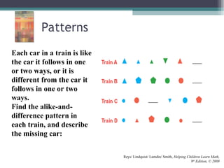 Patterns
Reys/ Lindquist/ Lamdin/ Smith, Helping Children Learn Math,
9th
Edition, © 2009
Each car in a train is like
the car it follows in one
or two ways, or it is
different from the car it
follows in one or two
ways.
Find the alike-and-
difference pattern in
each train, and describe
the missing car:
 