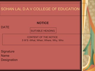 SOHAN LAL D.A.V COLLEGE OF EDUCATION NOTICE DATE SUITABLE HEADING CONTENT OF THE NOTICE  5 W’S -What, When, Where, Why, Who Signature  Name  Designation 