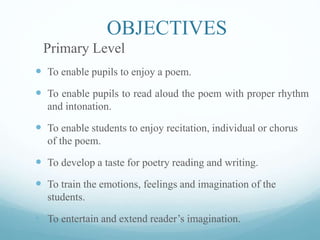  To enable the students to critically evaluate poetry.
 To inspire the pupils for writing poetry.
 To enable the pupils...