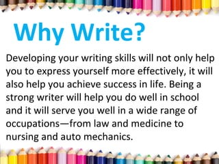 Developing your writing skills will not only help
you to express yourself more effectively, it will
also help you achieve success in life. Being a
strong writer will help you do well in school
and it will serve you well in a wide range of
occupations—from law and medicine to
nursing and auto mechanics.
Why Write?
 