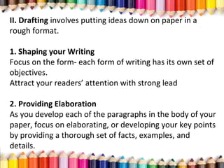 II. Drafting involves putting ideas down on paper in a
rough format.
1. Shaping your Writing
Focus on the form­ each form of writing has its own set of
objectives.
Attract your readers’ attention with strong lead
2. Providing Elaboration
As you develop each of the paragraphs in the body of your
paper, focus on elaborating, or developing your key points
by providing a thorough set of facts, examples, and
details.
 