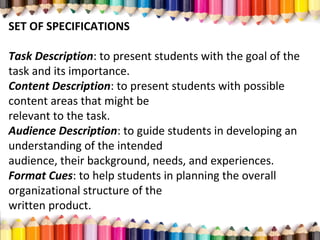SET OF SPECIFICATIONS
Task Description: to present students with the goal of the
task and its importance.
Content Description: to present students with possible
content areas that might be
relevant to the task.
Audience Description: to guide students in developing an
understanding of the intended
audience, their background, needs, and experiences.
Format Cues: to help students in planning the overall
organizational structure of the
written product.
 