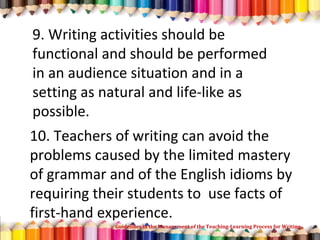 9. Writing activities should be
functional and should be performed
in an audience situation and in a
setting as natural and life-like as
possible.
10. Teachers of writing can avoid the
problems caused by the limited mastery
of grammar and of the English idioms by
requiring their students to use facts of
first-hand experience.
Guidelines in the Management of the Teaching-Learning Process for Writing
 