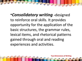 •Consolidatory writing -designed
to reinforce oral skills. It provides
opportunity for the application of the
basic structures, the grammar rules,
lexical items, and rhetorical patterns
gained through oral and reading
experiences and activities.
Two Dimensions of Writing
 