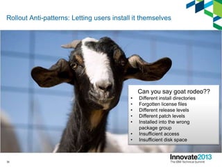 Rollout Anti-patterns: Letting users install it themselves
30
Can you say goat rodeo??
• Different install directories
• Forgotten license files
• Different release levels
• Different patch levels
• Installed into the wrong
package group
• Insufficient access
• Insufficient disk space
 