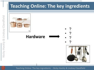 NickyHockly&LindsayClandfield
Teaching Online: The key ingredients - Nicky Hockly & Lindsay Clandfield
Teaching Online: The key ingredients
Hardware
• ??
• ?
• ?
• ?
 