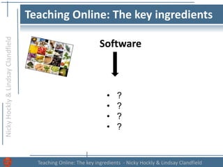 NickyHockly&LindsayClandfield
Teaching Online: The key ingredients - Nicky Hockly & Lindsay Clandfield
Teaching Online: The key ingredients
Software
• ??
• ?
• ?
• ?
 