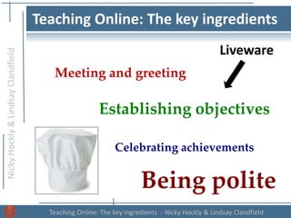 NickyHockly&LindsayClandfield
Teaching Online: The key ingredients - Nicky Hockly & Lindsay Clandfield
Teaching Online: The key ingredients
Liveware
Meeting and greeting
Establishing objectives
Celebrating achievements
Being polite
 