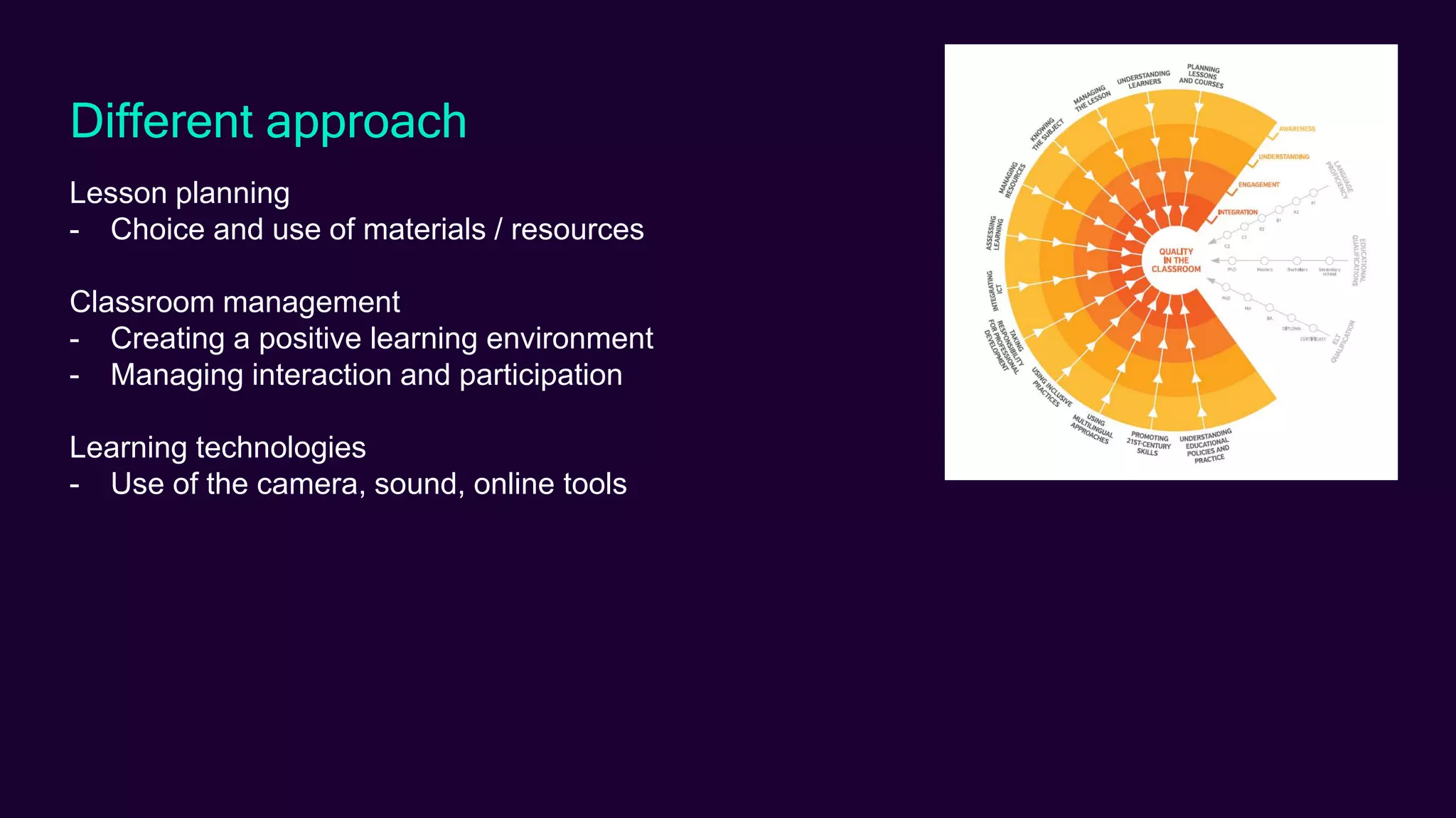 Different approach
Lesson planning
- Choice and use of materials / resources
Classroom management
- Creating a positive learning environment
- Managing interaction and participation
Learning technologies
- Use of the camera, sound, online tools
 