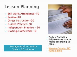    Bell work/Attendance-10
   Review-10
   Direct Instruction-20
   Guided Practice-20
   Independent Practice – 20
   Closing/Homework-10

                                   Only a Guideline
                                   Adjustments can be
                                    made according to
                                    topic
     Average Adult Attention
       Span = 20 minutes           Warren County, NC
                                   Patty’s Blog
 