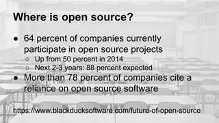 Where is open source?
● 64 percent of companies currently
participate in open source projects
○ Up from 50 percent in 2014
○ Next 2-3 years: 88 percent expected
● More than 78 percent of companies cite a
reliance on open source software
https://www.blackducksoftware.com/future-of-open-source
 