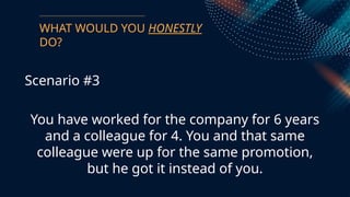 WHAT WOULD YOU HONESTLY
DO?
Scenario #3
You have worked for the company for 6 years
and a colleague for 4. You and that same
colleague were up for the same promotion,
but he got it instead of you.
 