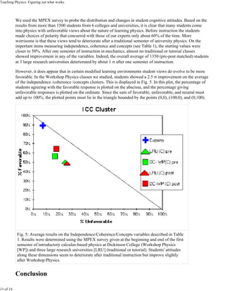 Teaching Physics: Figuring out what works



           We used the MPEX survey to probe the distribution and changes in student cognitive attitudes. Based on the
           results from more than 1500 students from 6 colleges and universities, it is clear that many students come
           into physics with unfavorable views about the nature of learning physics. Before instruction the students
           made choices of polarity that concurred with those of our experts only about 60% of the time. More
           worrisome is that these views tend to deteriorate after a traditional semester of university physics. On the
           important items measuring independence, coherence and concepts (see Table 1), the starting values were
           closer to 50%. After one semester of instruction in mechanics, almost no traditional or tutorial classes
           showed improvement in any of the variables. Indeed, the overall average of 1350 (pre-post matched) students
           at 3 large research universities deteriorated by about 1 σ after one semester of instruction.

           However, it does appear that in certain modified learning environments student views do evolve to be more
           favorable. In the Workshop Physics classes we studied, students showed a 2.5 σ improvement on the average
           of the independence /coherence /concepts clusters. This is displayed in Fig. 5. In this plot, the percentage of
           students agreeing with the favorable response is plotted on the abscissa, and the percentage giving
           unfavorable responses is plotted on the ordinate. Since the sum of favorable, unfavorable, and neutral must
           add up to 100%, the plotted points must lie in the triangle bounded by the points (0,0), (100,0), and (0,100).




           Fig. 5: Average results on the Independence/Coherence/Concepts variables described in Table
           1. Results were determined using the MPEX survey given at the beginning and end of the first
           semester of introductory calculus-based physics at Dickinson College (Workshop Physics
           [WP]) and three large research universities [LRU] (traditional or tutorial). Students' attitudes
           along these dimensions seem to deteriorate after traditional instruction but improve slightly
           after Workshop Physics.


           Conclusion

11 of 14
 