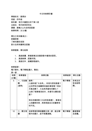 中文科教學計劃
學員姓名︰劉倩如
班級：四年級
教科書：現代中國語文四下第二册
出版社：現代教育研究社
課題：課業(七)大自然是甚麼
教學時間：35 分鐘


學生已有知識/能力：
認識詩歌
了解何謂形容詞
對大自然有觀察及認識


教學重點：學生能夠


     1． 通過朗讀，掌握節奏及欣賞詩歌中優美的語言。
     2． 通過教學，認識字詞。
     3． 通過仿作，接觸詩歌創作。


教學資源︰
電子課本、電子簡報(圖片、聲音)
第一節
 時間   教學重點          教學活動        教學資源    學生活動
(分鐘)
  5  一、引起動 提問︰                  電子簡報    思考及回
     機     (1)跟你說「大自然」，你首先想到甚麼？         答老師問
     (提問)  (2)你們有仔細觀察身邊的事物嗎？例如          題。
           天氣改變了，大自然界會有何變化？
           (3)除了眼睛看到的外，你還可以聽到甚
           麼？


            現在欣賞詩歌《大自然是甚麼》，看看別
            人的觀察所得，再想想跟自己的觀察有
            何不同。

10    二、課文理 老師帶領同學朗讀課文第一節，配合簡    電子簡報   觀看簡報
      讀     報中的圖片，給予視覺連聯。               及朗讀。
 