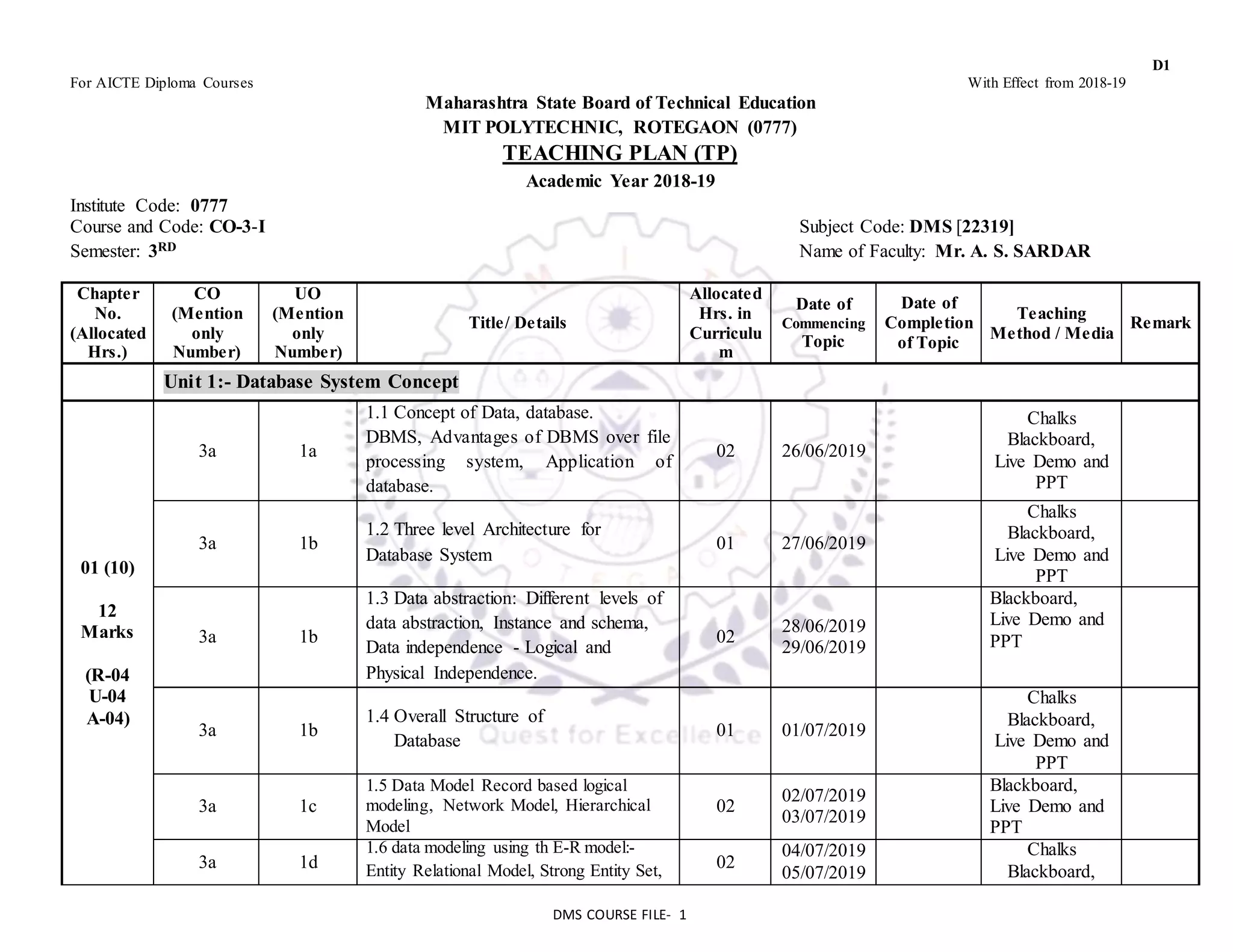 Teaching plan d1 dms 2019 20 | DOCX